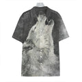 Monochrome Howling Wolf Print Hawaiian Shirt