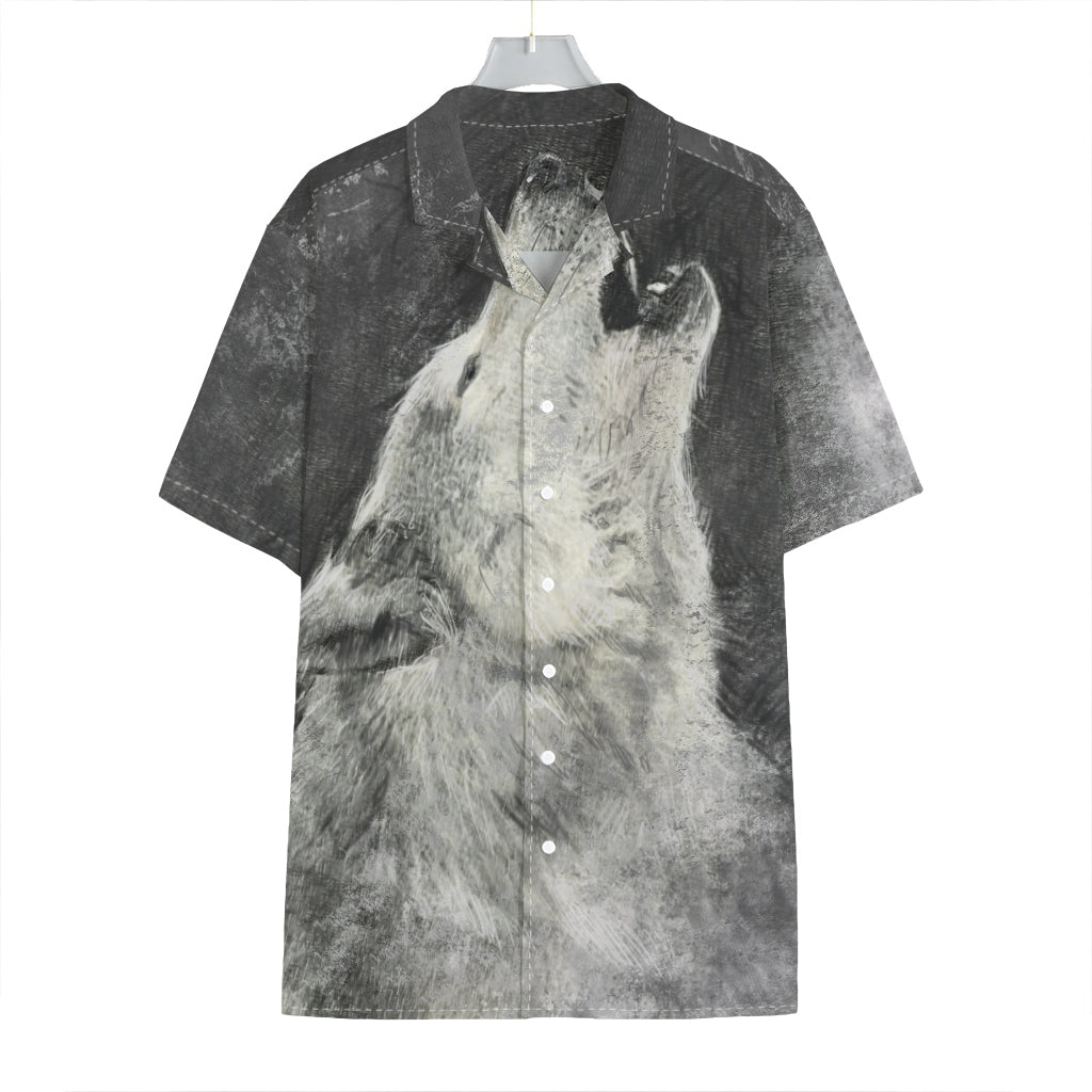 Monochrome Howling Wolf Print Hawaiian Shirt