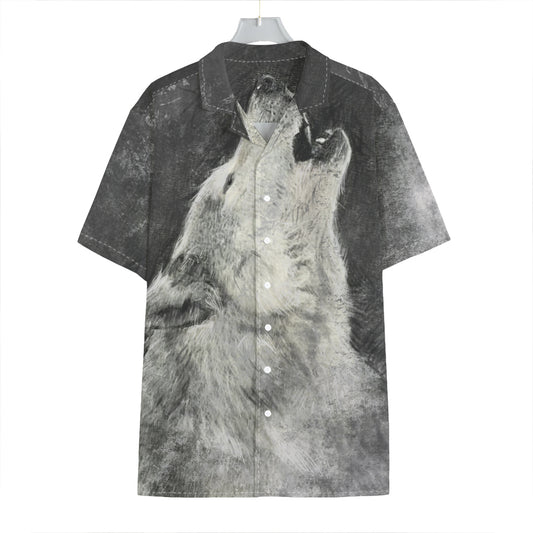 Monochrome Howling Wolf Print Hawaiian Shirt