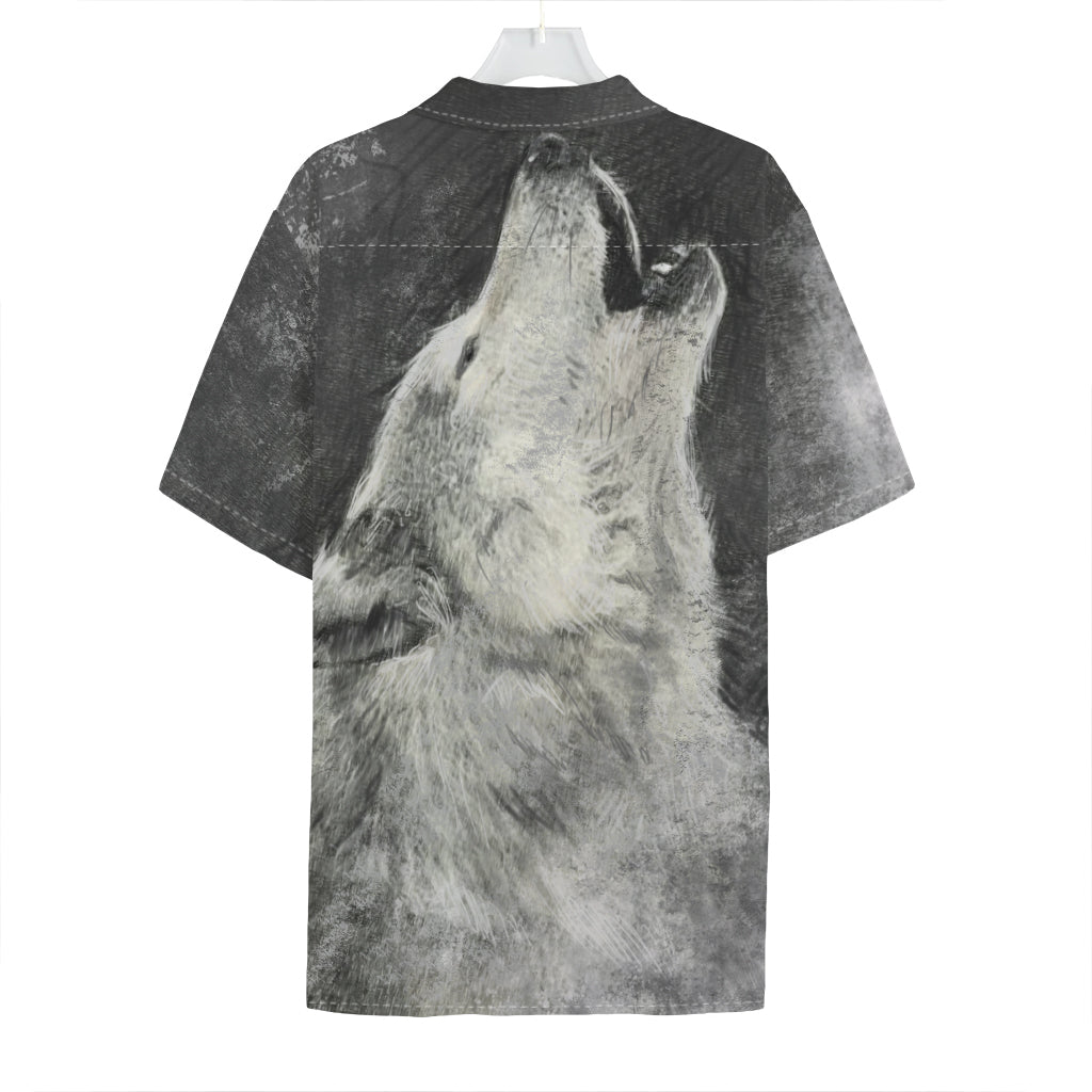 Monochrome Howling Wolf Print Hawaiian Shirt