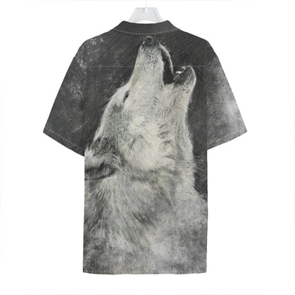 Monochrome Howling Wolf Print Hawaiian Shirt