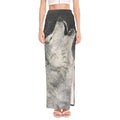 Monochrome Howling Wolf Print High Slit Maxi Skirt