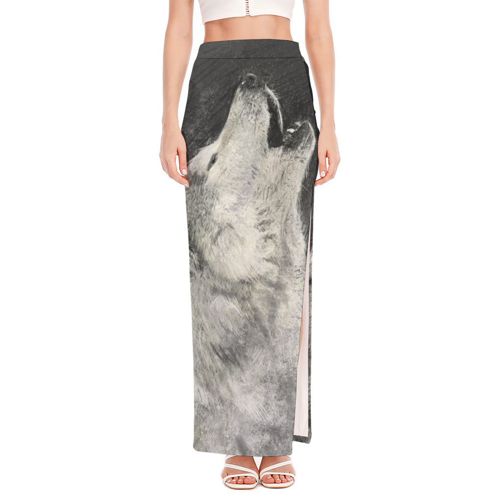 Monochrome Howling Wolf Print High Slit Maxi Skirt