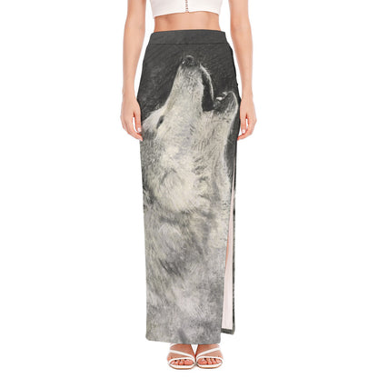 Monochrome Howling Wolf Print High Slit Maxi Skirt