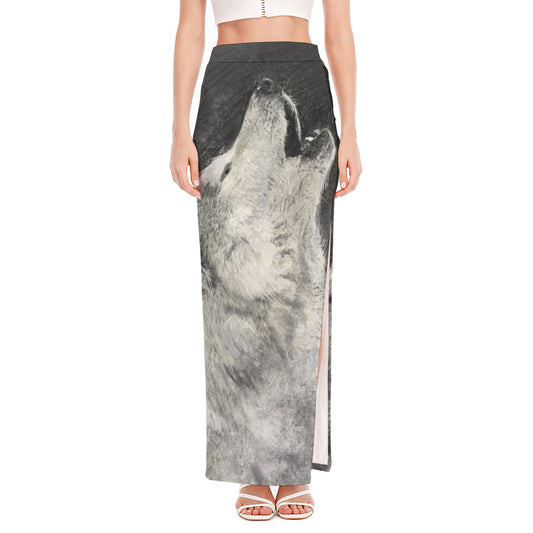 Monochrome Howling Wolf Print High Slit Maxi Skirt