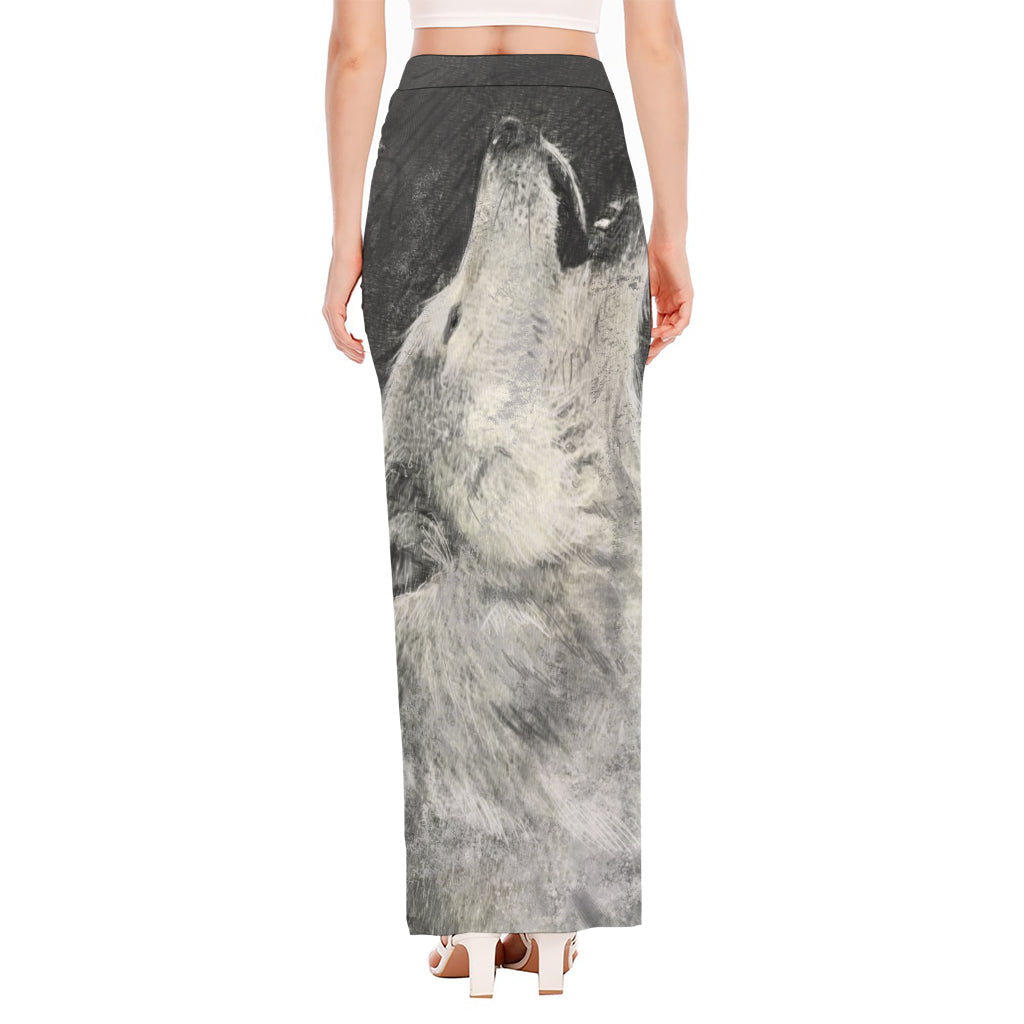 Monochrome Howling Wolf Print High Slit Maxi Skirt