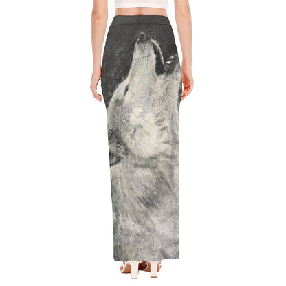Monochrome Howling Wolf Print High Slit Maxi Skirt