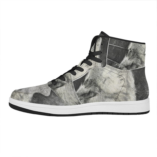 Monochrome Howling Wolf Print High Top Leather Sneakers