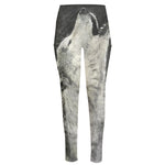 Monochrome Howling Wolf Print High-Waisted Pocket Leggings