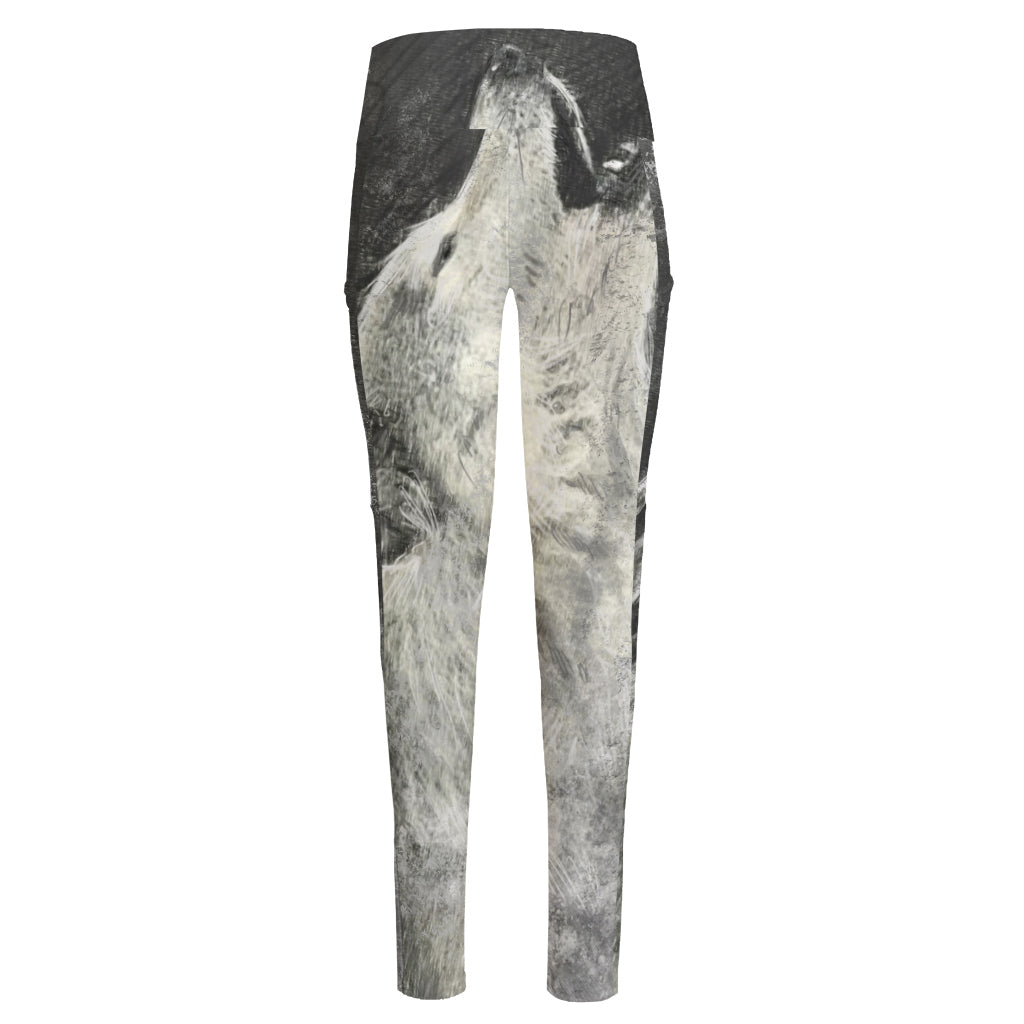 Monochrome Howling Wolf Print High-Waisted Pocket Leggings