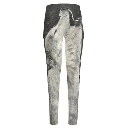 Monochrome Howling Wolf Print High-Waisted Pocket Leggings