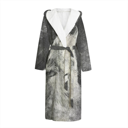 Monochrome Howling Wolf Print Hooded Bathrobe