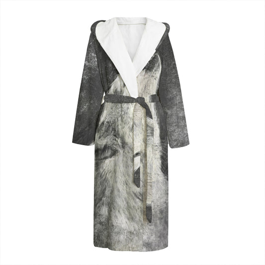 Monochrome Howling Wolf Print Hooded Bathrobe