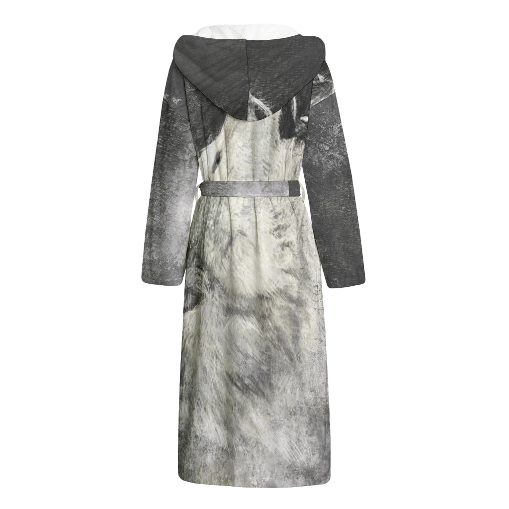 Monochrome Howling Wolf Print Hooded Bathrobe