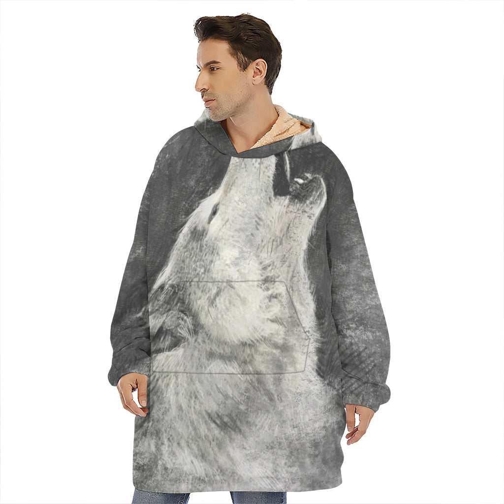 Monochrome Howling Wolf Print Hoodie Blanket