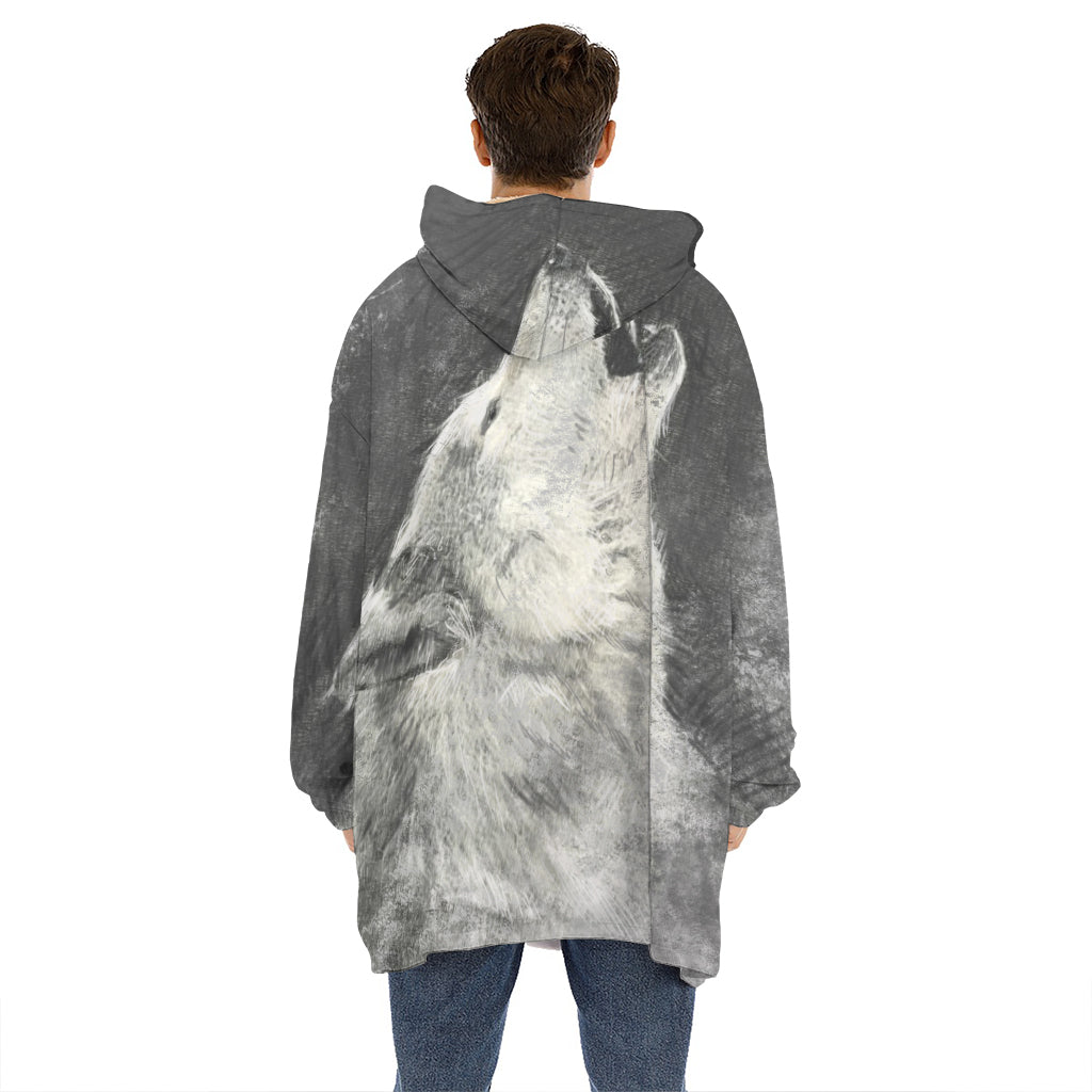 Monochrome Howling Wolf Print Hoodie Blanket