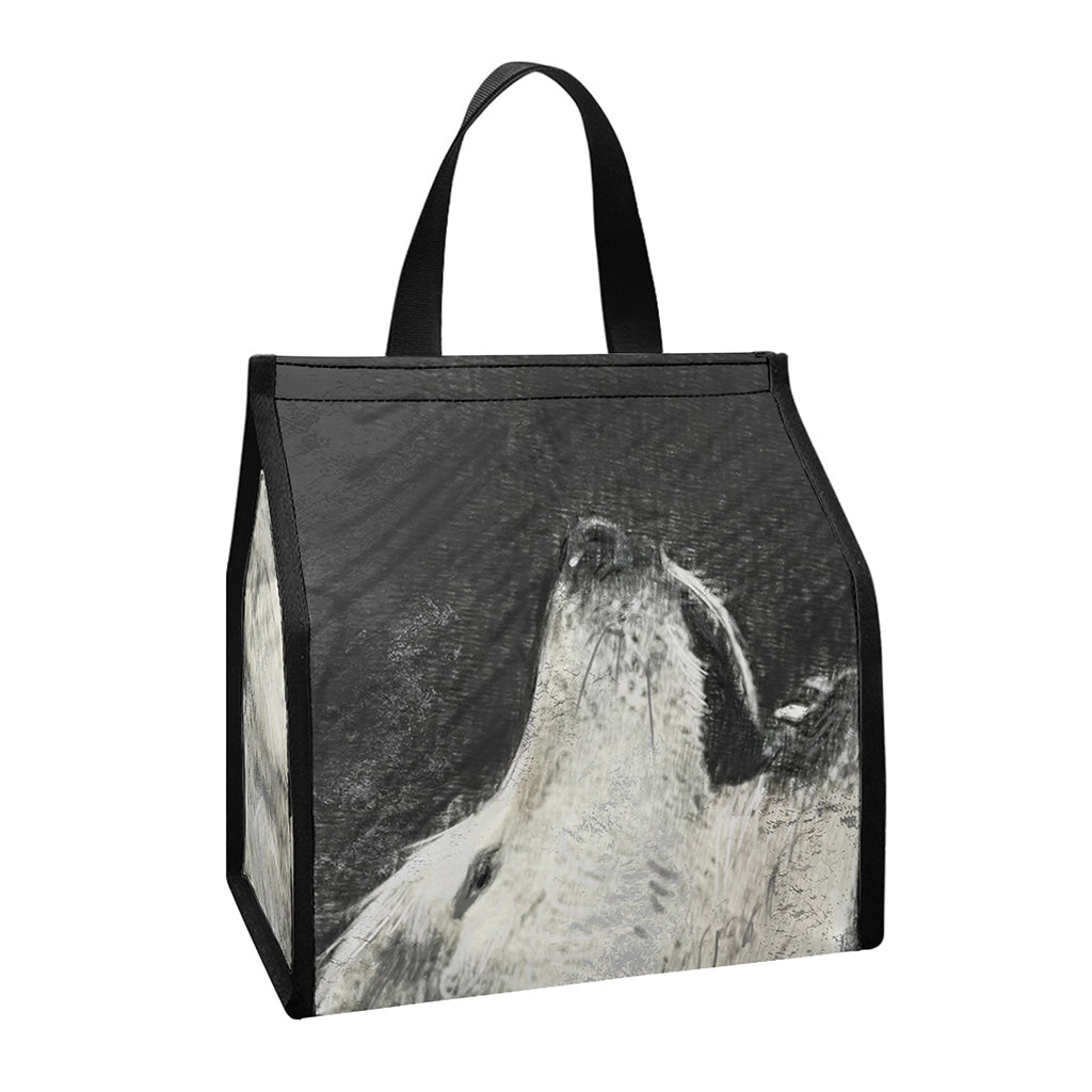 Monochrome Howling Wolf Print Insulated Lunch Tote