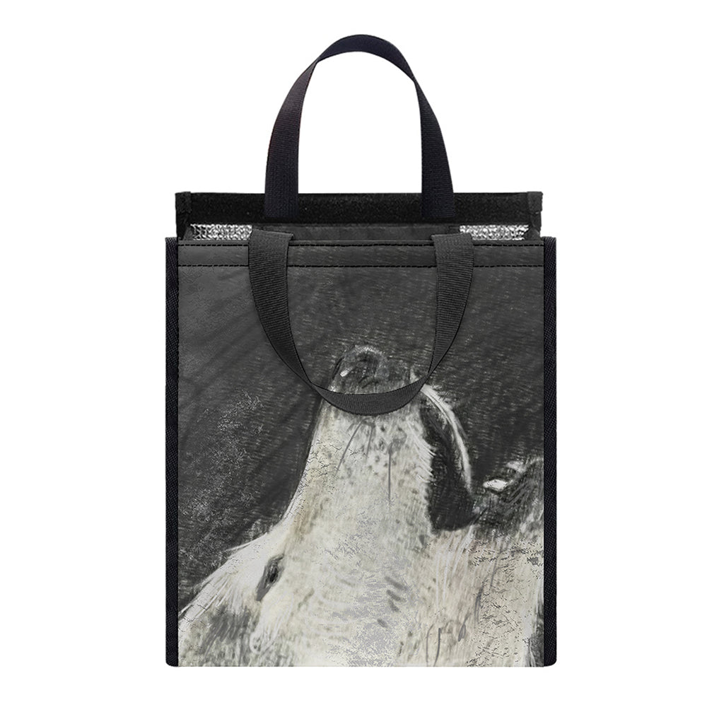 Monochrome Howling Wolf Print Insulated Lunch Tote
