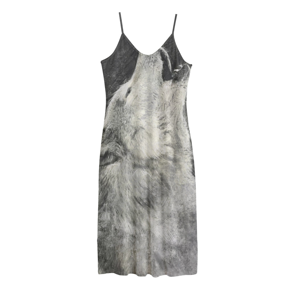 Monochrome Howling Wolf Print Jersey Midi Cami Dress