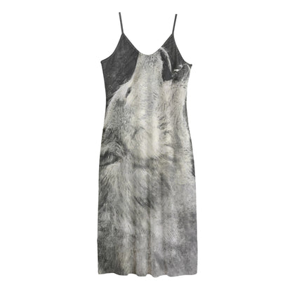 Monochrome Howling Wolf Print Jersey Midi Cami Dress