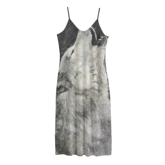 Monochrome Howling Wolf Print Jersey Midi Cami Dress