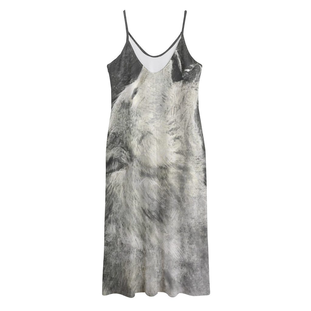 Monochrome Howling Wolf Print Jersey Midi Cami Dress
