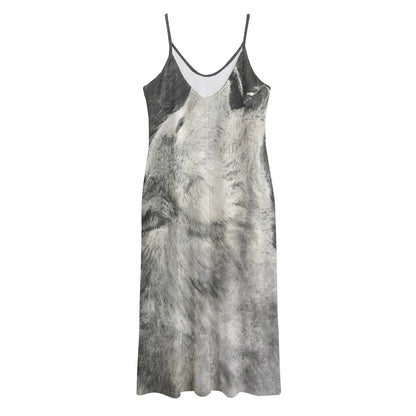 Monochrome Howling Wolf Print Jersey Midi Cami Dress