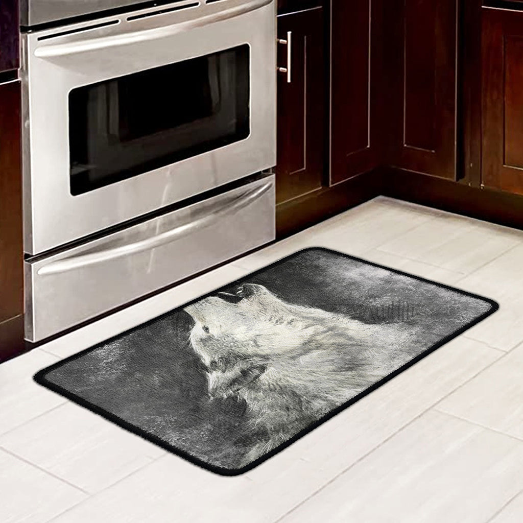 Monochrome Howling Wolf Print Kitchen Mat