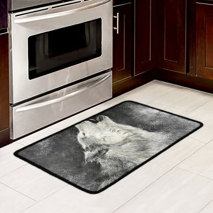 Monochrome Howling Wolf Print Kitchen Mat