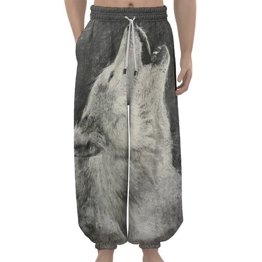 Monochrome Howling Wolf Print Lantern Pants