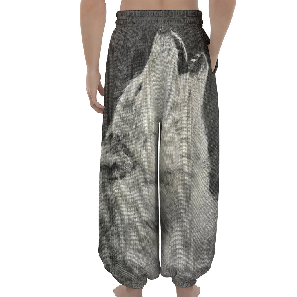 Monochrome Howling Wolf Print Lantern Pants