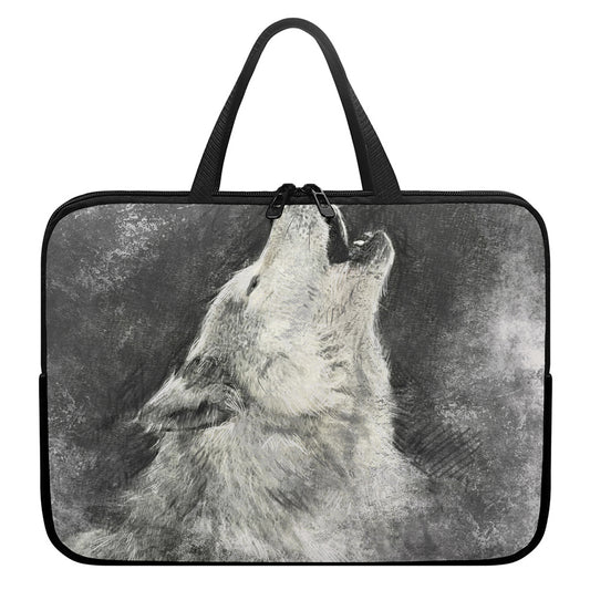 Monochrome Howling Wolf Print Laptop Sleeve With Handle