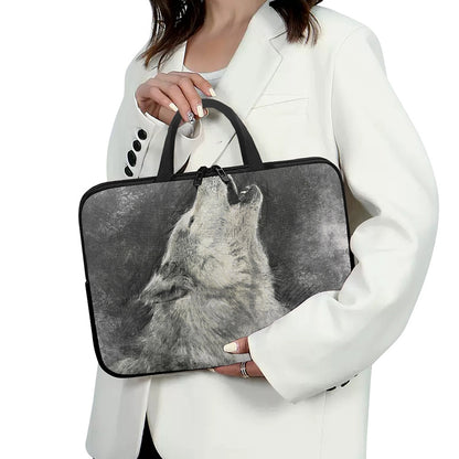 Monochrome Howling Wolf Print Laptop Sleeve With Handle