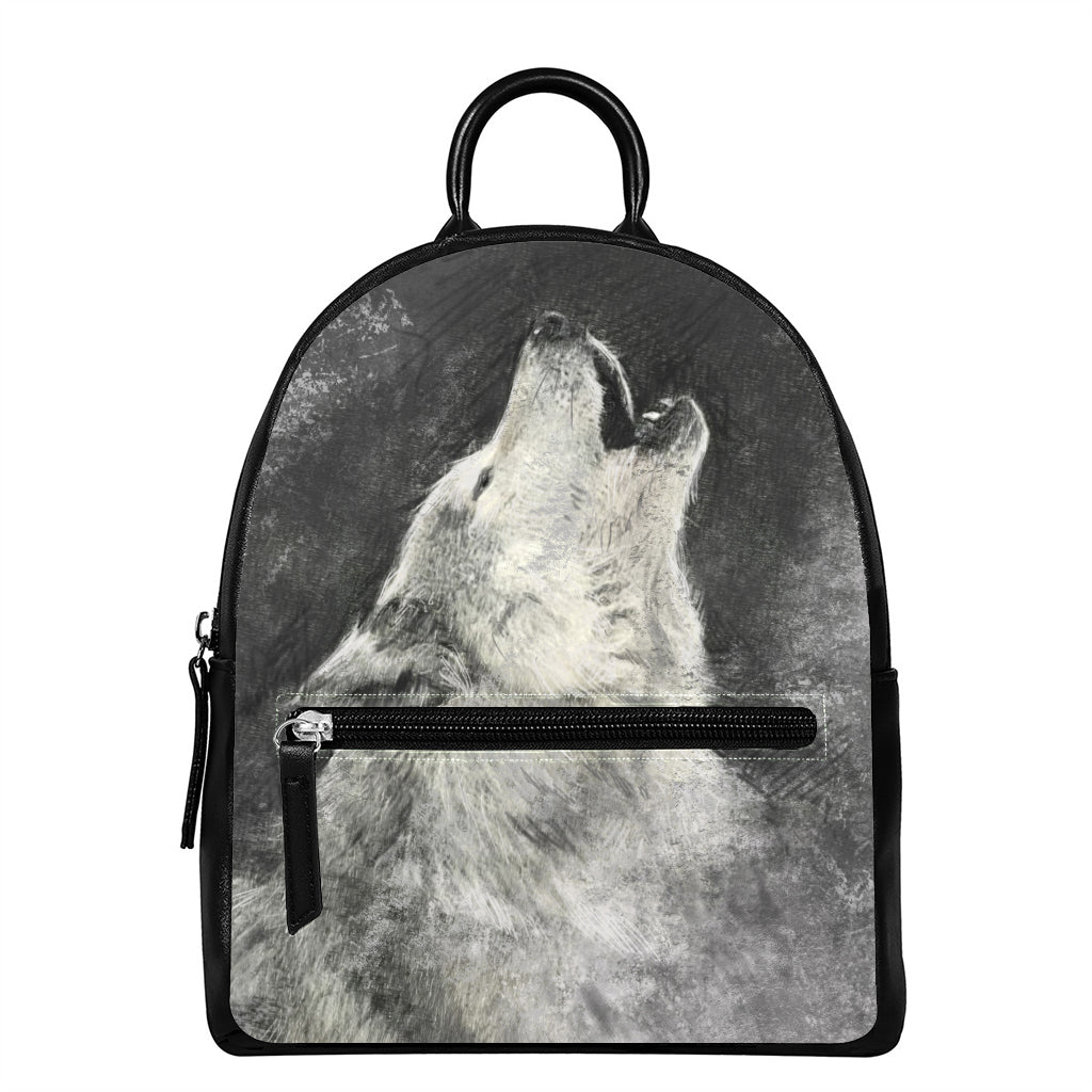 Monochrome Howling Wolf Print Leather Backpack