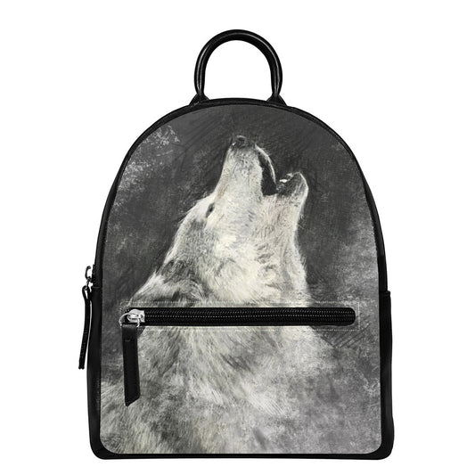 Monochrome Howling Wolf Print Leather Backpack