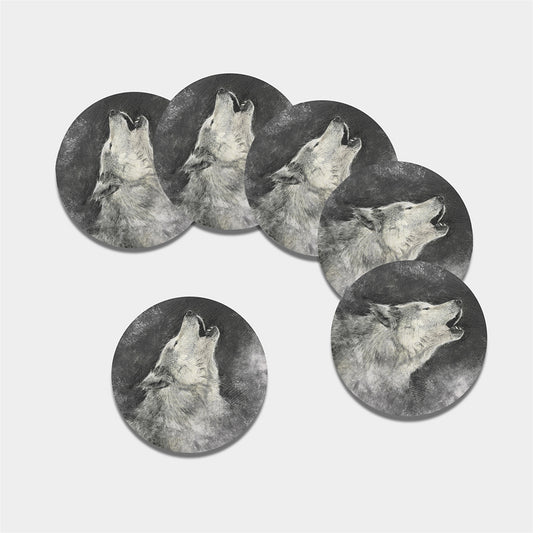 Monochrome Howling Wolf Print Leather Coaster Set