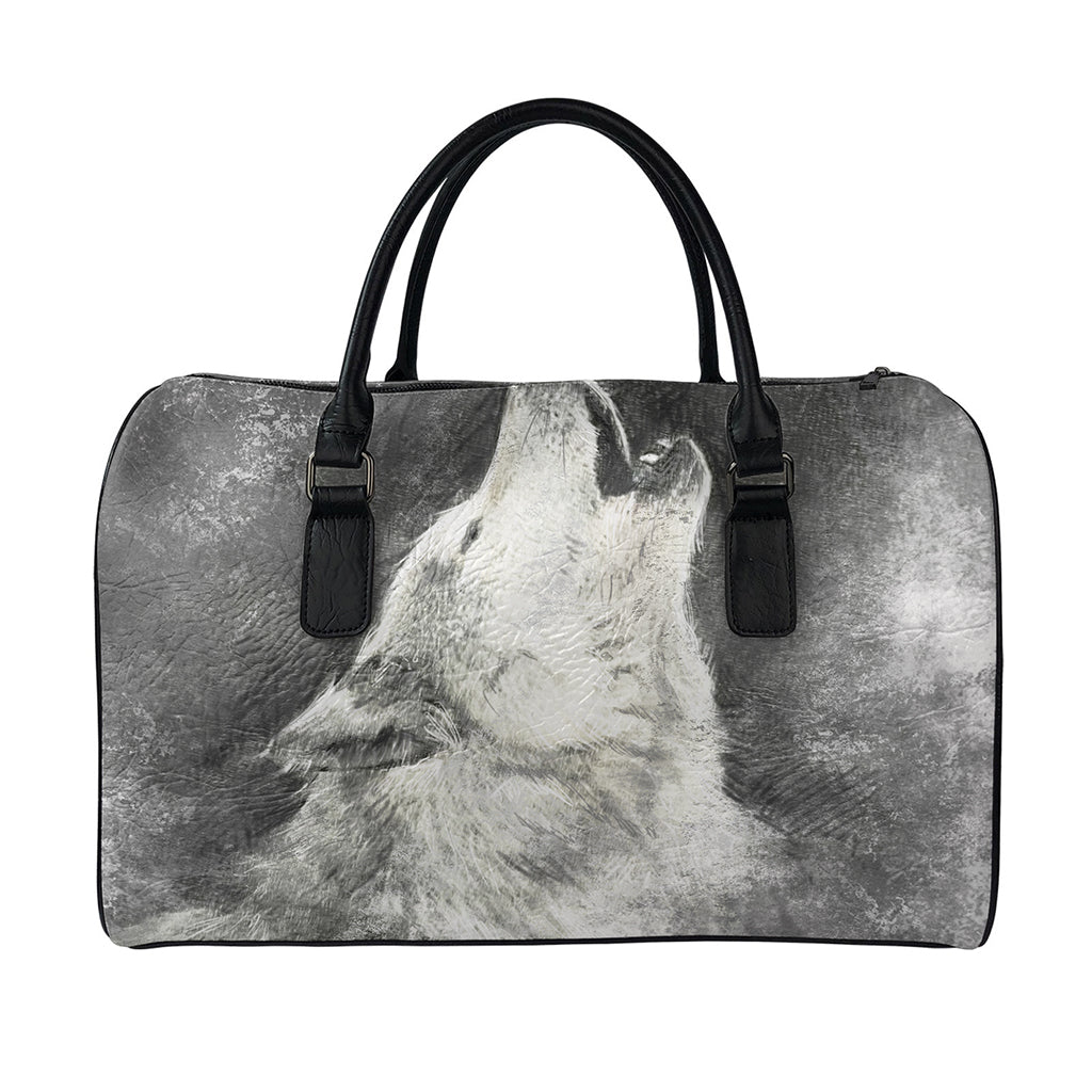 Monochrome Howling Wolf Print Leather Duffle Bag