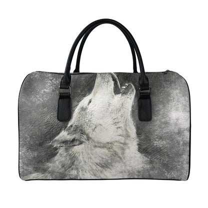 Monochrome Howling Wolf Print Leather Duffle Bag
