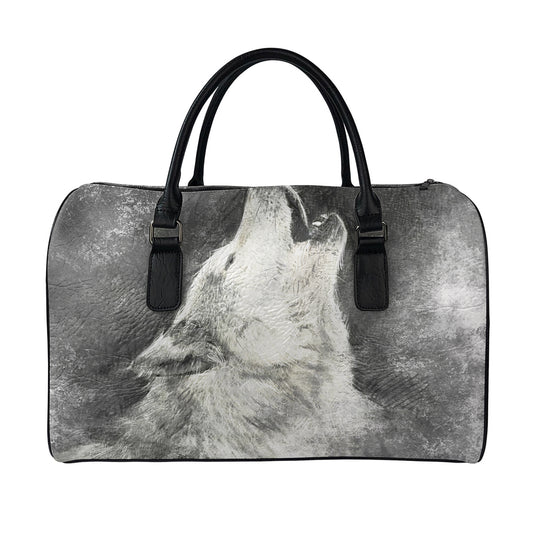 Monochrome Howling Wolf Print Leather Duffle Bag