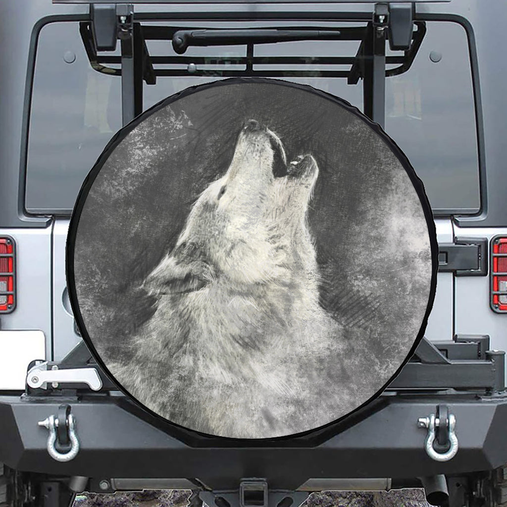 Monochrome Howling Wolf Print Leather Spare Tire Cover
