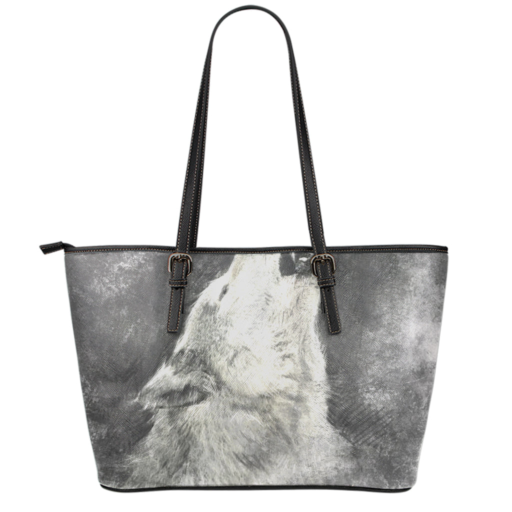 Monochrome Howling Wolf Print Leather Tote Bag