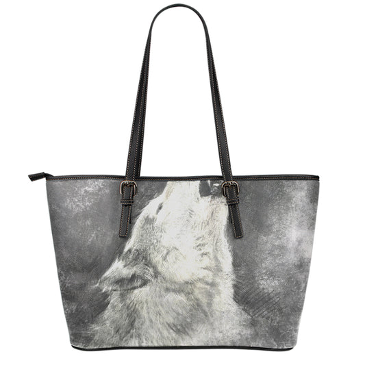 Monochrome Howling Wolf Print Leather Tote Bag