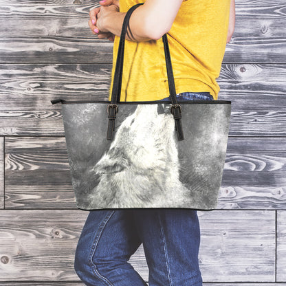 Monochrome Howling Wolf Print Leather Tote Bag