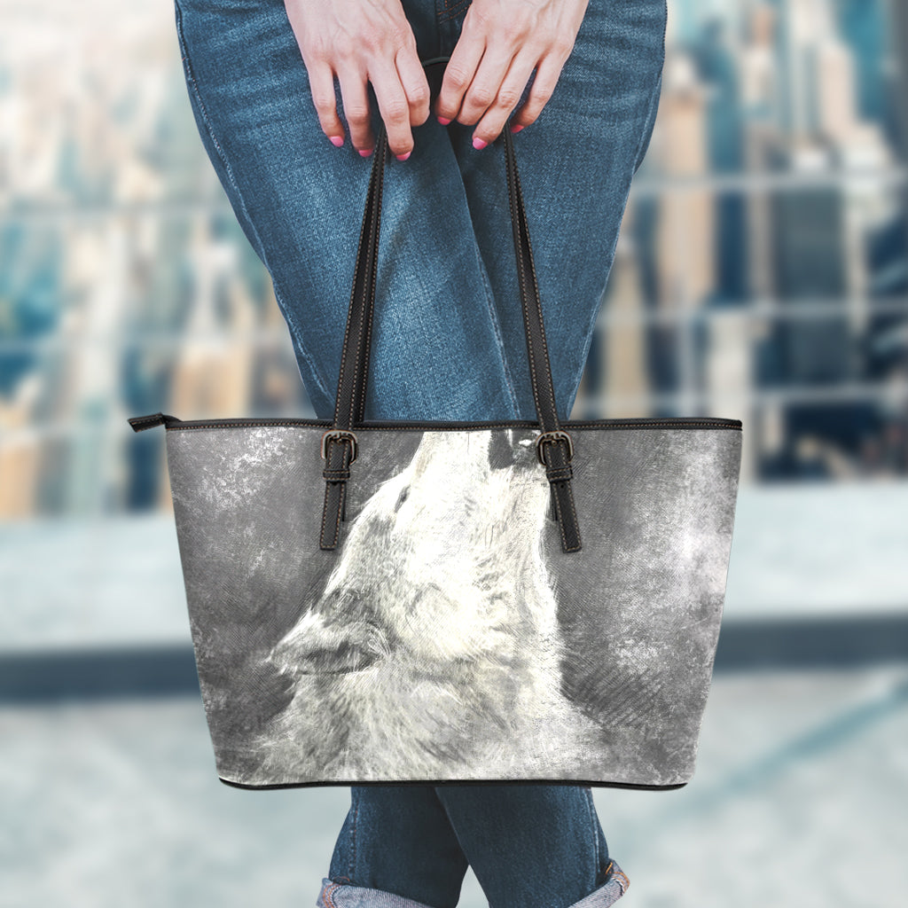 Monochrome Howling Wolf Print Leather Tote Bag