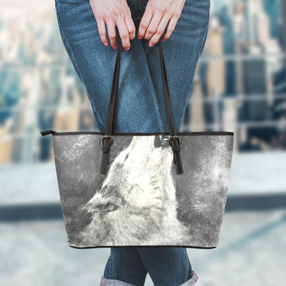 Monochrome Howling Wolf Print Leather Tote Bag