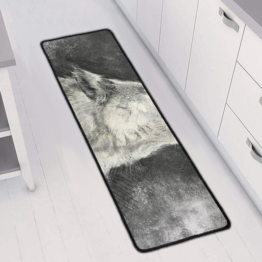 Monochrome Howling Wolf Print Long Kitchen Mat