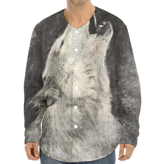 Monochrome Howling Wolf Print Long Sleeve Baseball Jersey