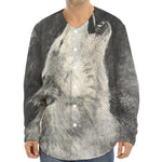 Monochrome Howling Wolf Print Long Sleeve Baseball Jersey