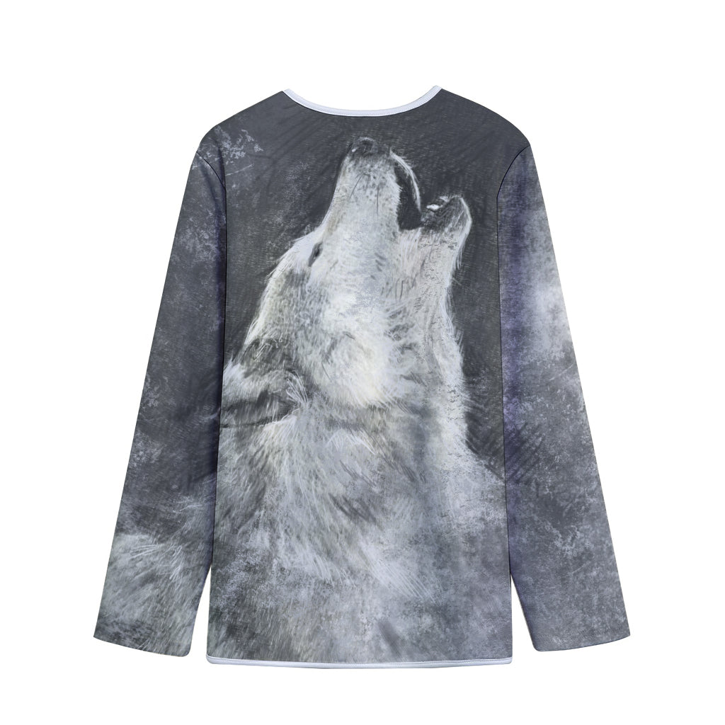 Monochrome Howling Wolf Print Long Sleeve Short Coat