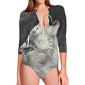 Monochrome Howling Wolf Print Long Sleeve Swimsuit